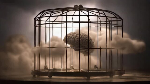 Surreal brain in cage under stormy sky, symbolizes mental imprisonment, psychological pressure, and the complexity of the human mind under stress.