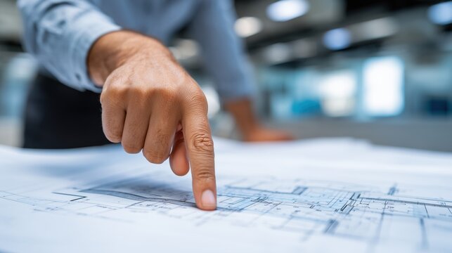 Close up of architect hand pointing at construction blueprint on office desk