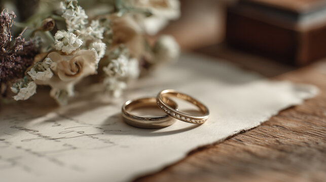 luxury wedding rings on vintage letter with dried flowers, elegant gold wedding bands resting on antique paper, rustic wedding rings aesthetic with floral bouquet on wooden table