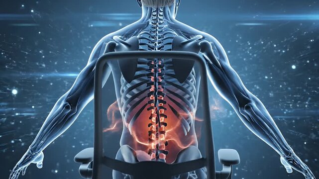 Human skeletal system displaying lower back pain and spinal issues with glowing red inflammation over dark futuristic digital network background