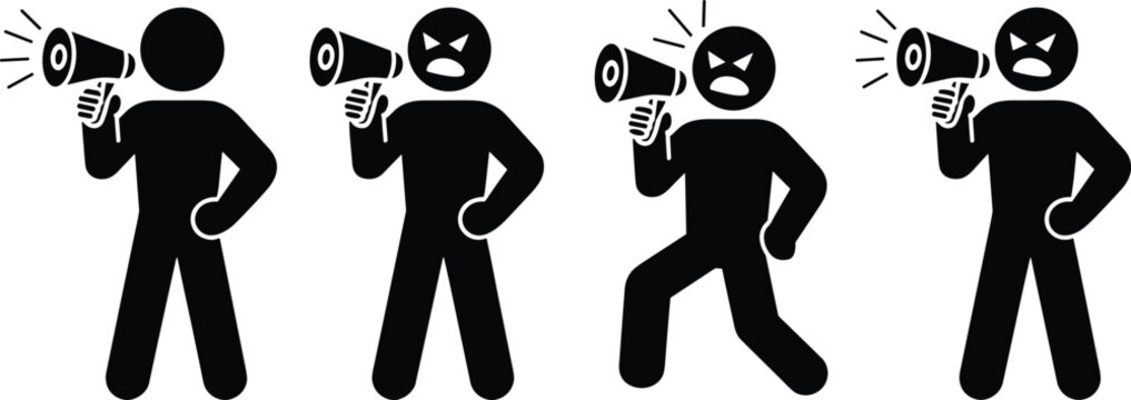 Set of angry human stick figure silhouettes shouting through megaphone, protest and loud announcement concept isolated on white background icon collection illustration