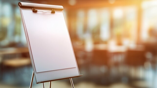 Blank white flip chart paper on tripod easel in blurred modern office meeting room