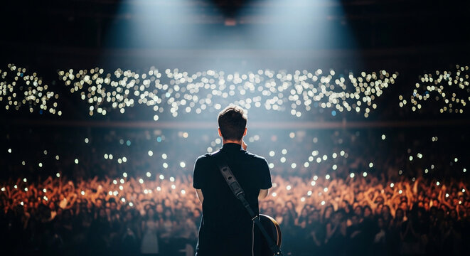 A lone musician stands on a brightly lit stage, facing a vast audience holding up illuminated cell phones during a live concert performance.
