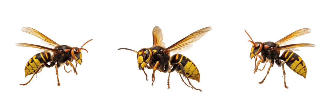 Set of Three European Hornets Isolated on White Background - High-Detail Macro Predator Insect Collection