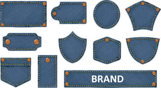 Denim jeans label patch collection with stitched badge shapes and leather rivets for fashion branding vector illustration set.