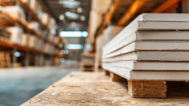 Stack of white plasterboard sheets on wooden pallet in a large warehouse