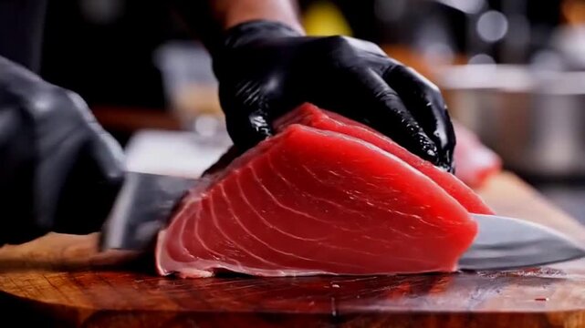 Fresh meat salmon fish cutting in the kitchen