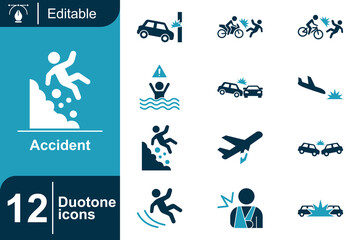 Accident Icons A Comprehensive Collection of 12 Duotone Icons Representing Various Types of Mishaps and Incidents
