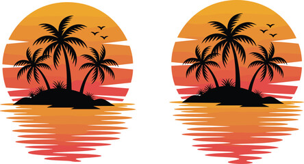 Silhouette illustration of tropical island sunset with palm trees, birds, and mirrored water reflections for vacation, relaxation, travel, and nature design themes © Sharon 
