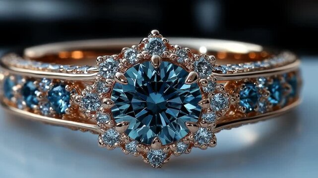 Close-up of an elegant blue gemstone ring with intricate detailing, set against a blurred background