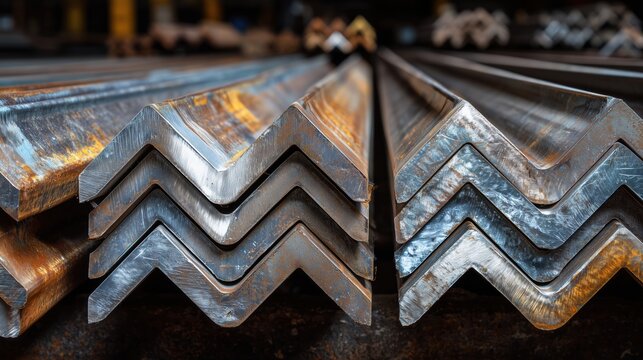 Stack of industrial steel angle bars in metal processing warehouse