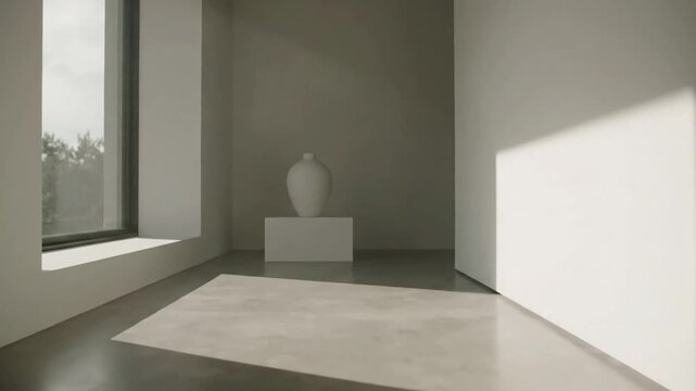 Minimalist Interior Serenity Showcasing a tranquil, uncluttered indoor environment where light itself is the primary visual subject, evoking calm and peace.