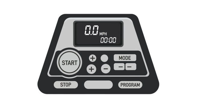 Close-up of a modern treadmill control panel with a digital display showing zero speed and time.