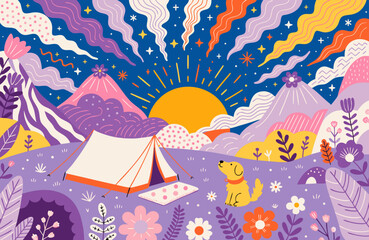  dreamy camping scene by lavender field fluffy pet near tent under starry sky sunset mountains flowers whimsical pastel illustration © Douglas