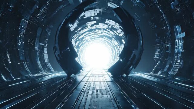 Abstract futuristic technology tunnel design, glowing modern science fiction light, geometric patterns, awe inspiring, anticipation for unknown