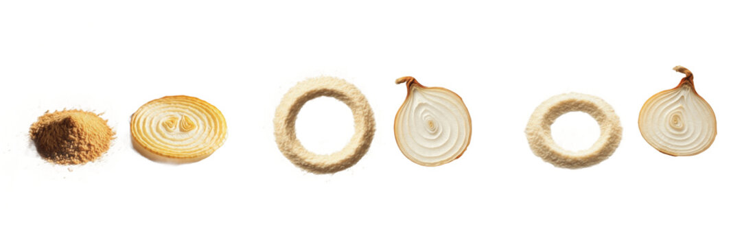 Onion rings, sliced onion, and dried onion powder isolated on a white background