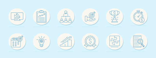 Fototapeta premium Business management set icon. Presentation board, checklist, team leader, target hand, trophy, stopwatch, calendar, idea bulb, growth stairs, badge outline collection.