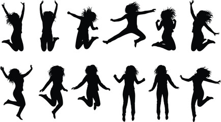 Fototapeta premium Silhouettes of energetic human jumping poses, symbolizing motion, athletics, fitness, dance, celebration, joy, and expressive movement