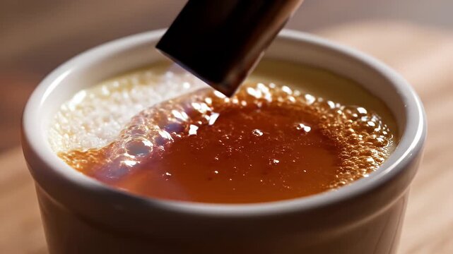 Close-up of creme brulee being torched, browning the sugar in a white ramekin