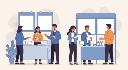 People interacting at a business event or trade show booth.