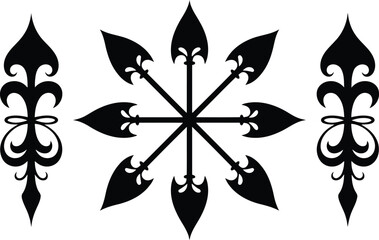 Symmetrical arrangement of a central black ornamental spear star pattern flanked by unique vertical elements