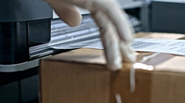Cardboard box moving on automated conveyor belt being sealed in factory packaging line.