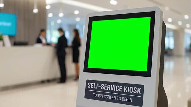 Modern selfservice kiosk with green screen in a busy lobby.