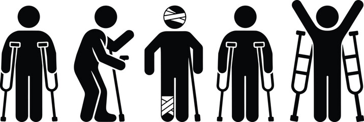 Stick figure injury recovery process icons with crutches, bandaged head and leg cast, rehabilitation and healing concept isolated on white background illustration