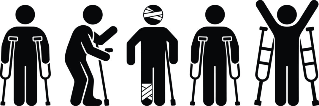 Stick figure injury recovery process icons with crutches, bandaged head and leg cast, rehabilitation and healing concept isolated on white background illustration