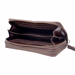 Open and empty brown leather wallet isolated on white background