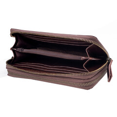 Open and empty brown leather wallet isolated on white background