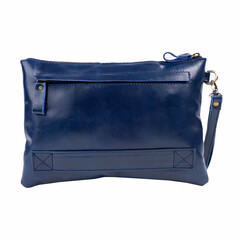 Blue leather handbag isolated on white background, perfect for leather product catalog design