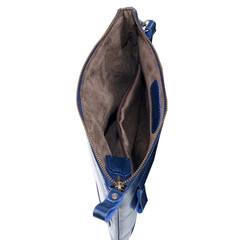 Blue leather handbag isolated on white background, perfect for leather product catalog design