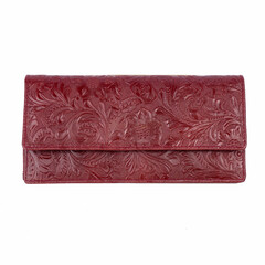Beautiful red leather wallet for women, with floral embossed pattern isolated on white background. Perfect for leather product catalog design.