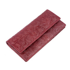 Beautiful red leather wallet for women, with floral embossed pattern isolated on white background. Perfect for leather product catalog design.