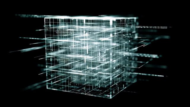 Futuristic 3D cube structure with neon lights and wireframe design floating in dark space