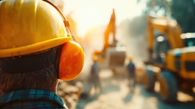 Construction worker wearing a yellow hard hat and orange ear protection at a building site