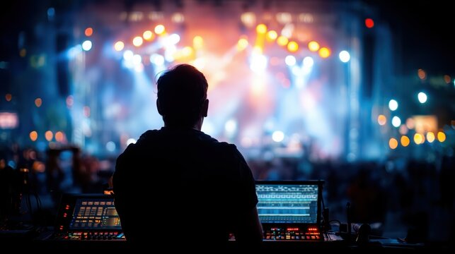Rear view of a sound engineer working at a mixing console during a live concert