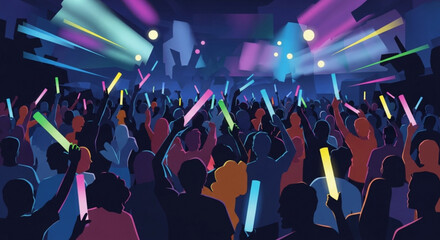 Fototapeta premium Vibrant crowd at a nightclub or concert waving colorful glow sticks under dynamic stage lights creating a lively party atmosphere with a sea of silhouetted people enjoying music