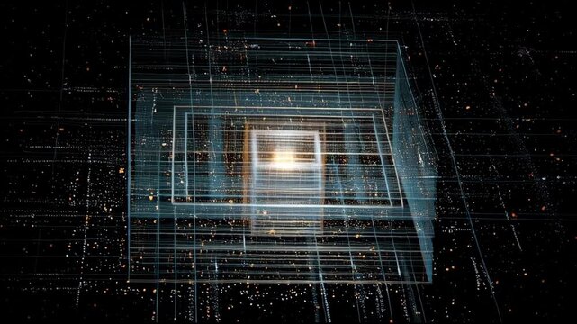 A futuristic digital cube glows with intricate wireframe details in a dark technological environment from a centered viewpoint