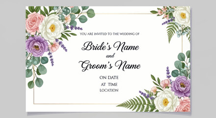 Elegant wedding invitation template with watercolor roses eucalyptus and fern floral corners. © Roti