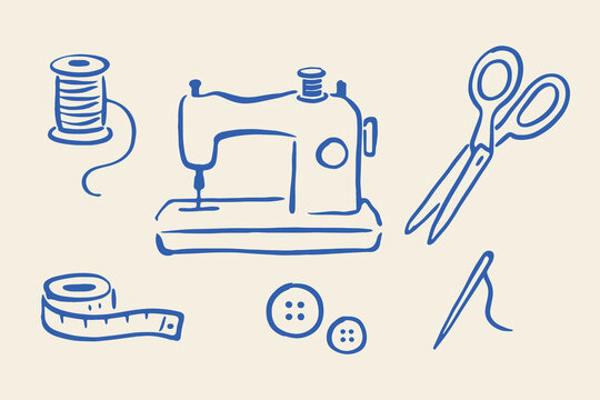 Sewing machine and tailoring tools doodle style vector illustration