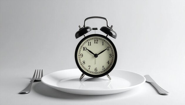 Alarm clock and plate with cutlery . Concept of intermittent fasting, lunchtime, diet and weight loss for healthy life