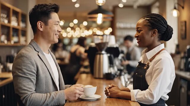 Friendly barista serves coffee to customer in modern cafe