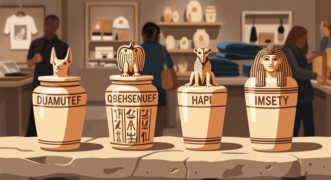 Four Sons of Horus Canopic Jars Displayed in Retail Setting