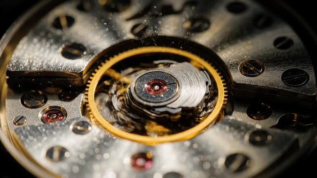 Macro photograph of the intricate internal mechanism of a mechanical watch, showcasing gears and jewels.