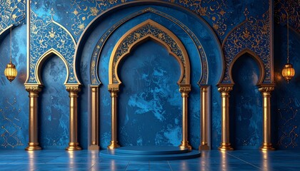 Naklejka premium Blue and Gold Ornate Archway Interior with Pedestal Decorative Arches Lanterns and Columns Suitable for Product Presentation.