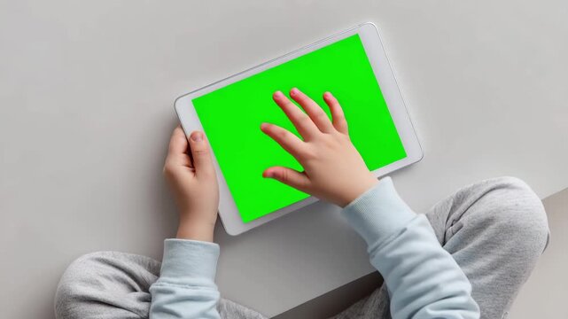 A little boy is holding a tablet with a green chrome key screen while sitting on a white floor watching a video or playing a game. the concept of replacing toys with electronic devices.