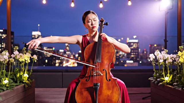 Asian woman plays cello on rooftop with city skyline at night