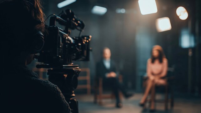 Professional camera records interview of people in dimly lit studio setting
